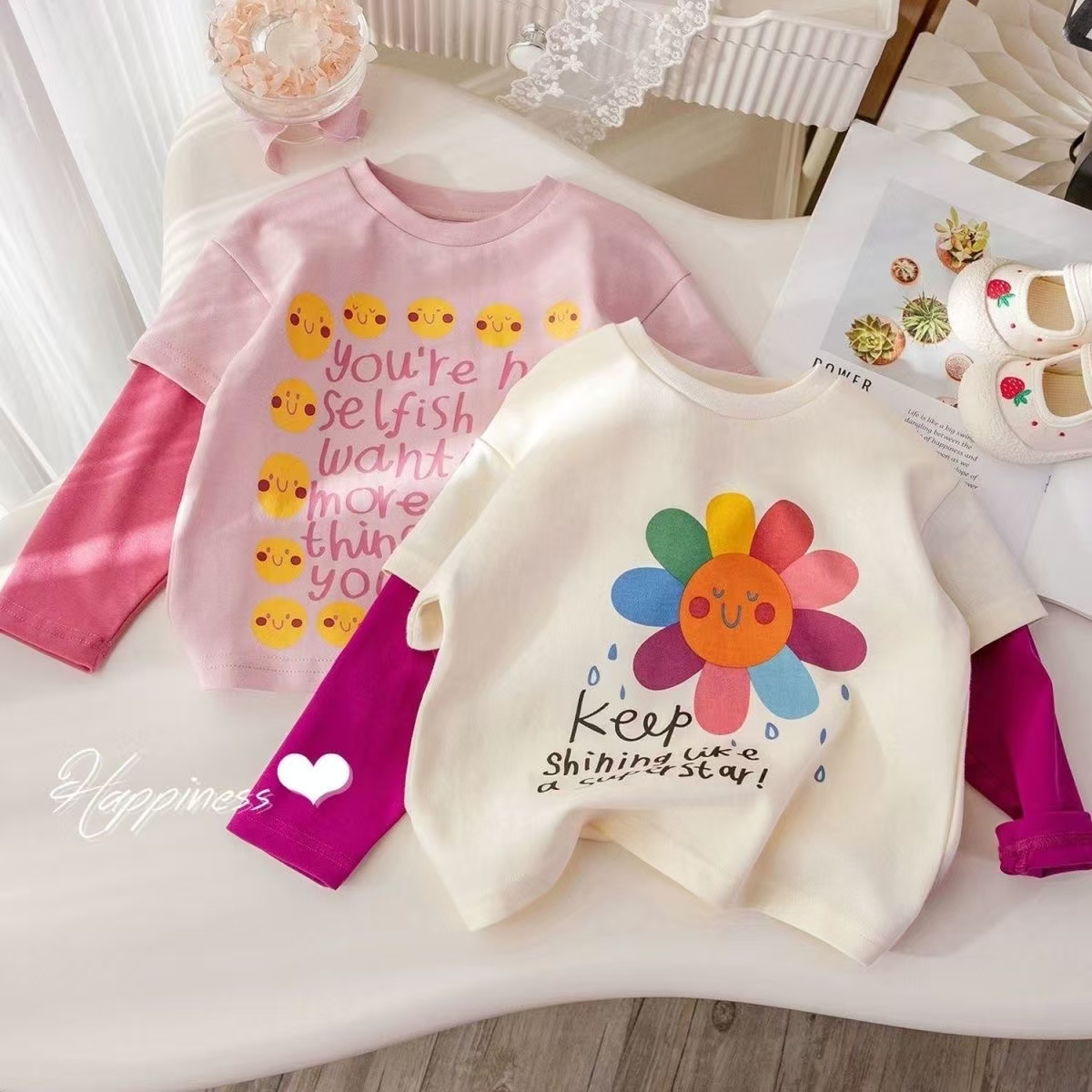 纯棉女童打底衫春秋2025新款拼接撞色假两件可爱中小童圆领长袖T