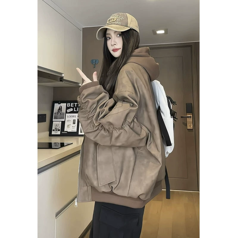 美拉德做旧机车皮衣棉服男冬季夹棉加厚美式潮牌连帽棉衣情侣外套