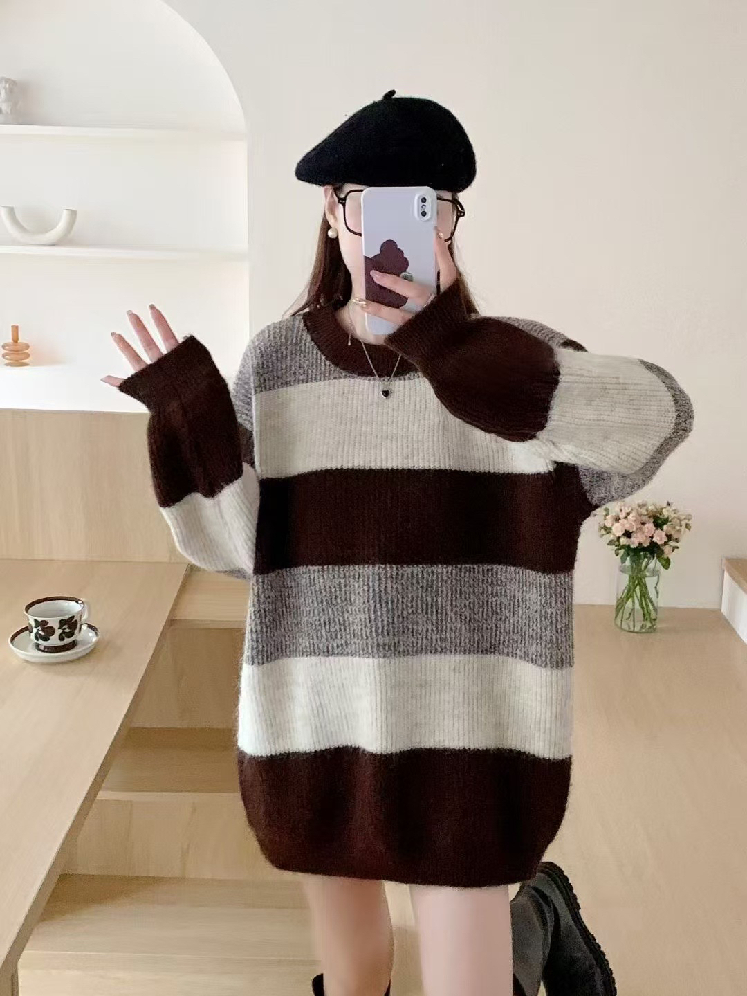 高级感慵懒风撞色条纹中长款针织衫毛衣女秋冬新款内搭外穿