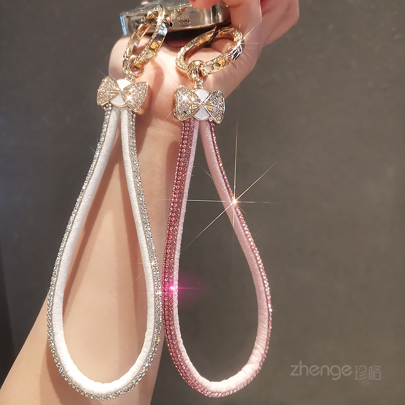 蝴蝶结半边满钻手腕绳时尚小香风手提挂饰挂链女夹片式手机壳挂绳