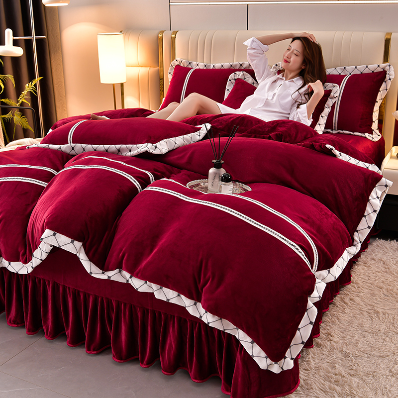 水星系列家纺结婚庆冬季高级感牛奶绒四件套加厚宝宝珊瑚绒被套床