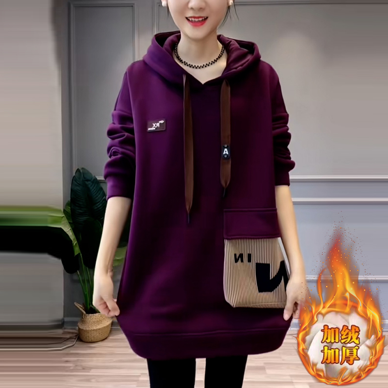 高含棉加绒加厚连帽长袖卫衣女士冬季新款宽松遮屁股中长款上衣潮