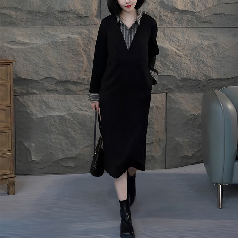 秋季上新韩版宽松假两件条纹拼接连衣裙衬衫领休闲中长款百搭裙子