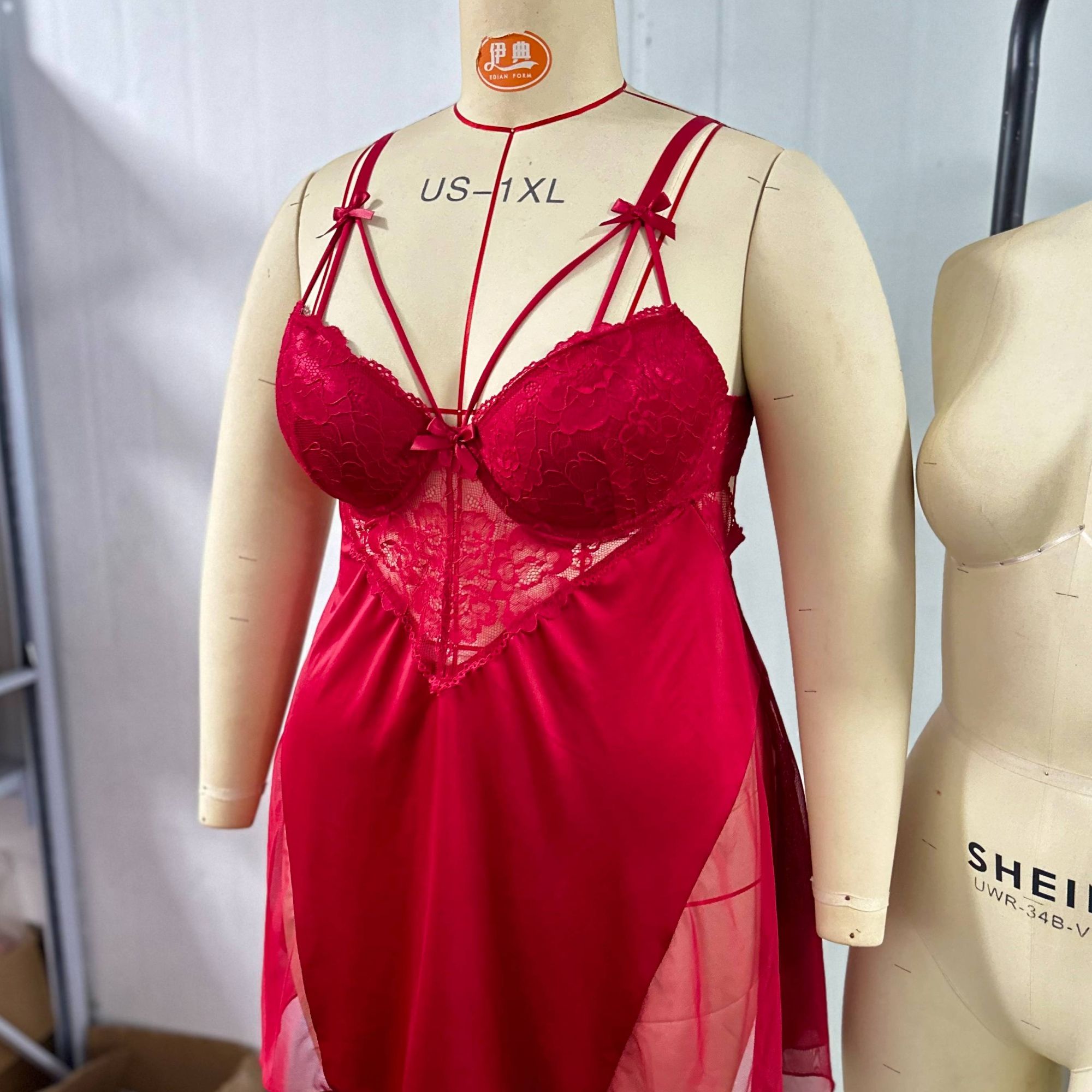 【大红定制】胸美人（穿到260斤）2024新款带胸垫大码性感睡衣战袍女