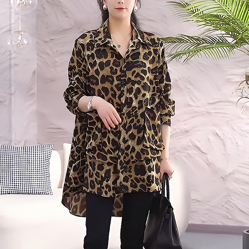 中长款豹纹衬衫女士2025早秋季新款法式衬衣宽松大码独特别致上衣