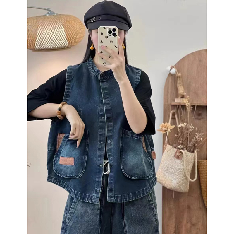 685蓝#黑2025秋季文艺复古牛仔马夹坎肩百搭背心贴布撞色牛仔马甲
