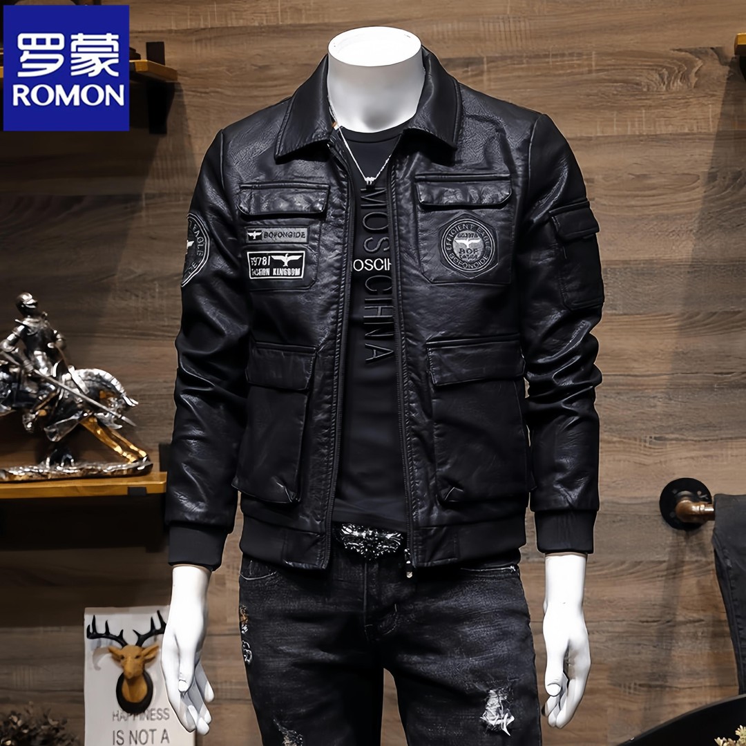 罗蒙男士皮衣韩版潮流百搭帅气外套修身刺绣翻领机车服皮夹克外套