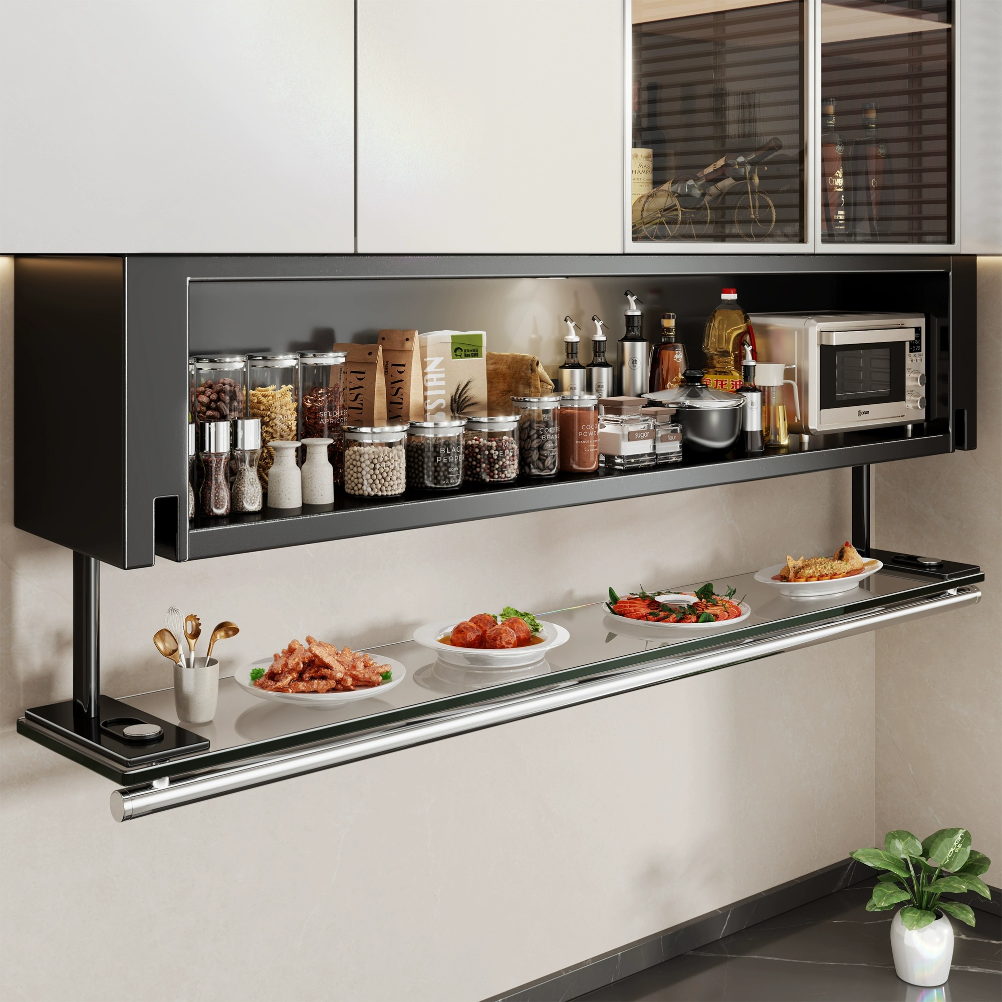 厨房置物架壁挂式带灯吊柜下方调味品盒墙壁下拉收纳橱柜调料柜子