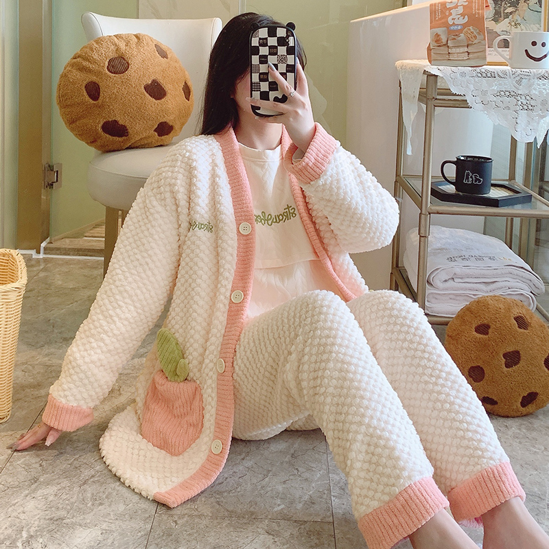 珊瑚绒孕妇睡衣冬季加绒加厚三件套产后哺乳月子服秋冬款产妇家居