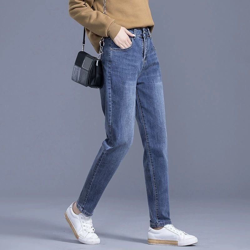 蓝色哈伦牛仔裤女2025秋季新款爆款高腰老爹裤小脚九分萝卜女裤子