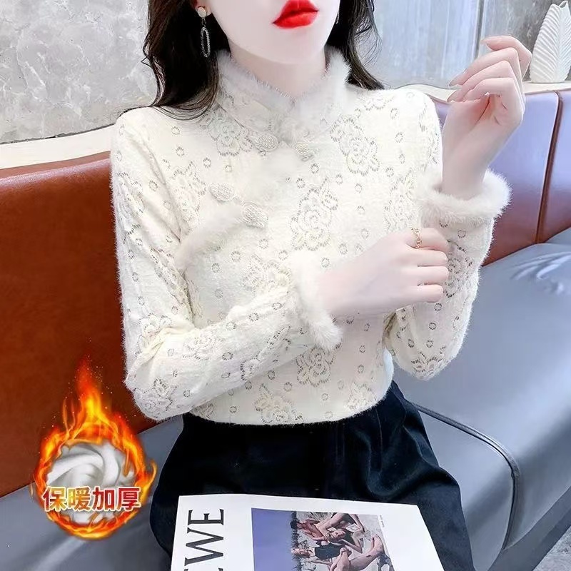8588加绒蕾丝打底衫女2025秋冬新款长袖时尚洋气保暖国风内搭上衣