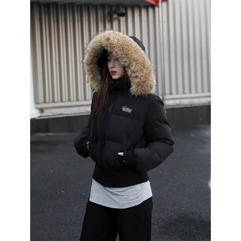 冬季短款毛领连帽棉服女韩系感收腰显冬季保暖瘦百搭短款棉衣外套