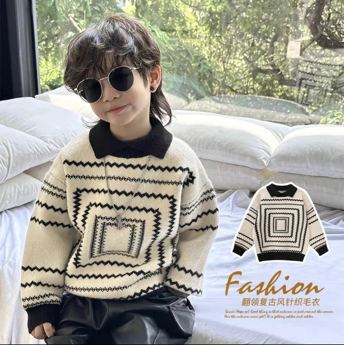 韩版儿童毛衣复古风男童秋冬加厚新款冬季宝宝针织衫翻领polo领潮