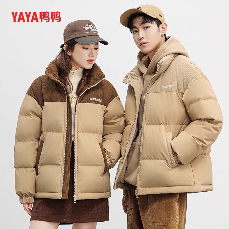 YAYA/鸭鸭明星同款羽绒服情侣拼接撞色外套YE3B000156A