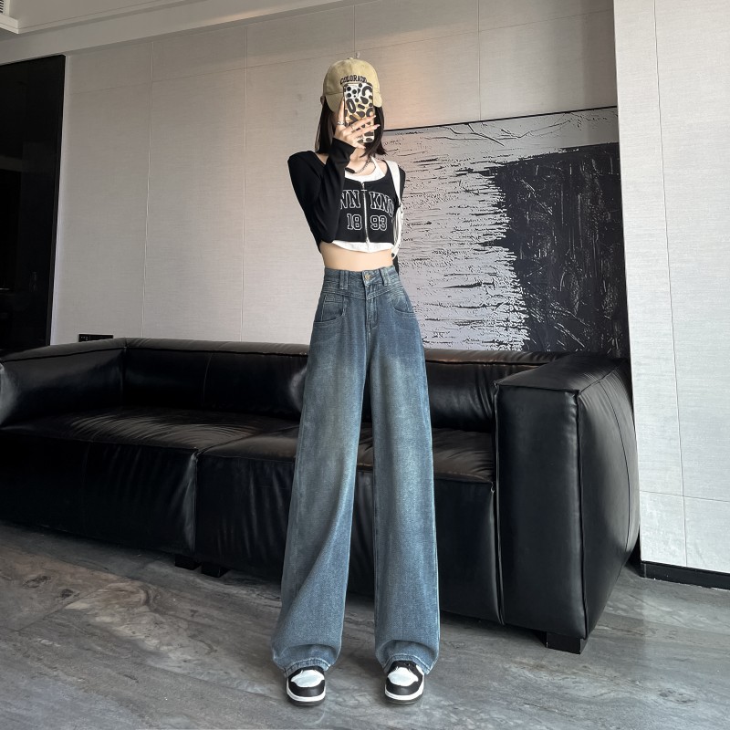 阔腿牛仔裤女加绒加厚2025爆款高腰直筒小个子九分拖地裤微胖垂感