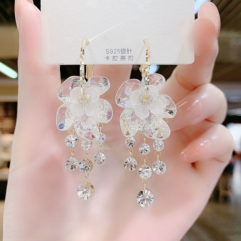 合金耳饰 极简耳环超仙白花朵耳环长款镶钻流苏耳坠网红设计耳饰