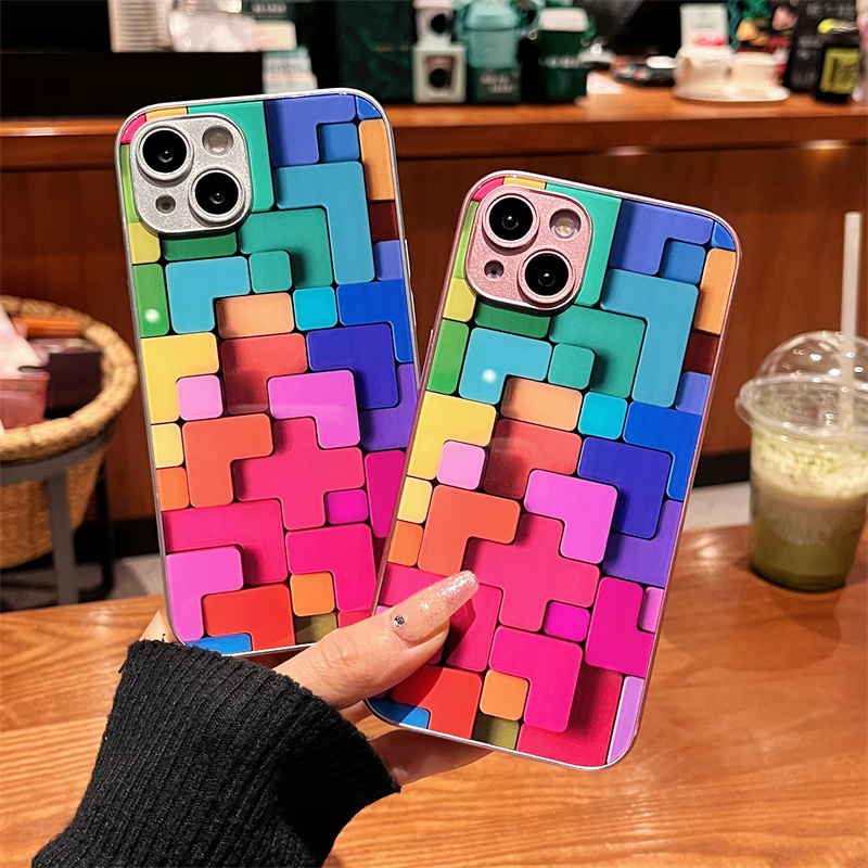 适用iPhone14promax苹果13高级感手机壳保护套11彩色方块12玻璃壳