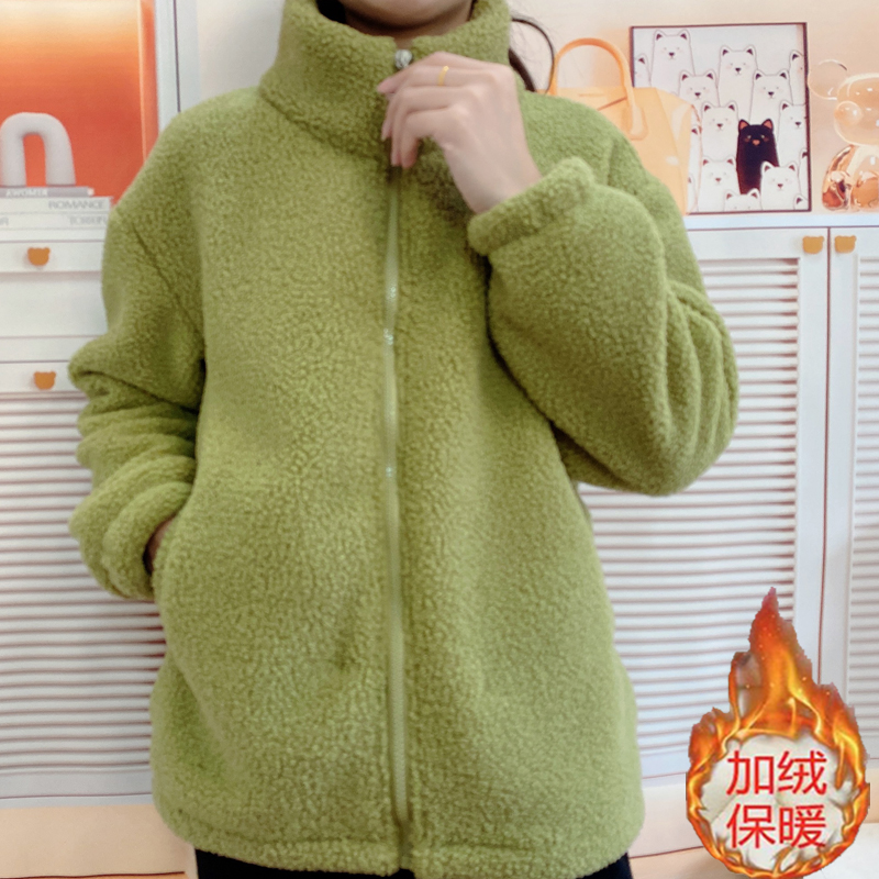 秋冬款女装加厚一体绒保暖外套休闲减龄立领百搭款羊羔绒加绒棉衣