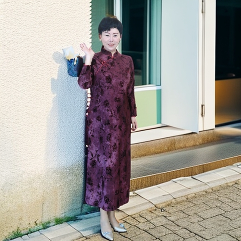 【玫瑰】枚紫色加绒加厚春季大码旗袍烧花绒显瘦气质长袖网红时尚