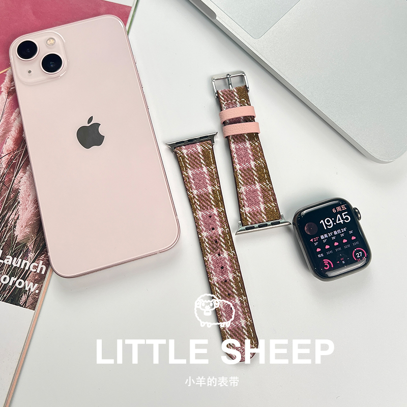 适用iwatchs109表带苹果手表8代applewatch7se新款秋冬格纹表带女