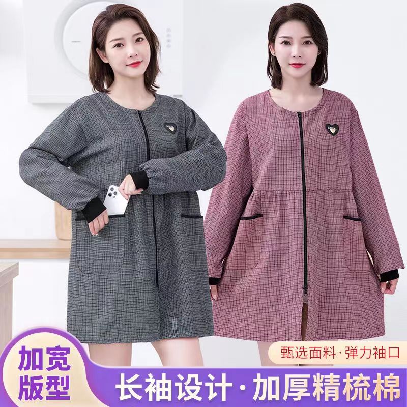 加肥宽松长袖罩衣女新款家用厨房做饭长袖棉布围裙耐脏上班工作服