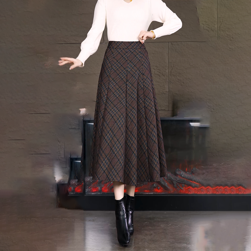 女装半身裙中长款高腰女士裙子气质秋冬毛呢复古长裙垂感格子裙