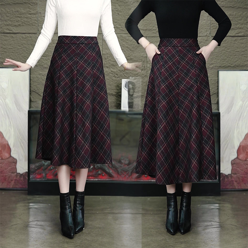 格子毛呢半身裙女秋冬2025新款高腰A字伞裙中长款遮胯显瘦大摆裙