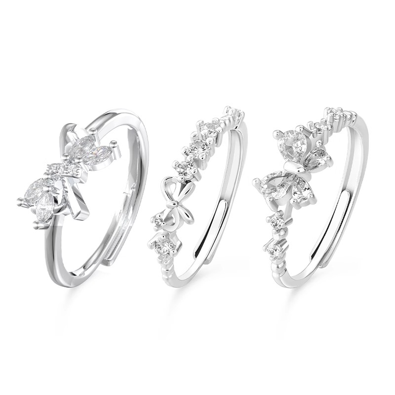 925银戒指 VIVIWELL甜心公主闺蜜对戒三人甜美蝴蝶结开口百搭戒指