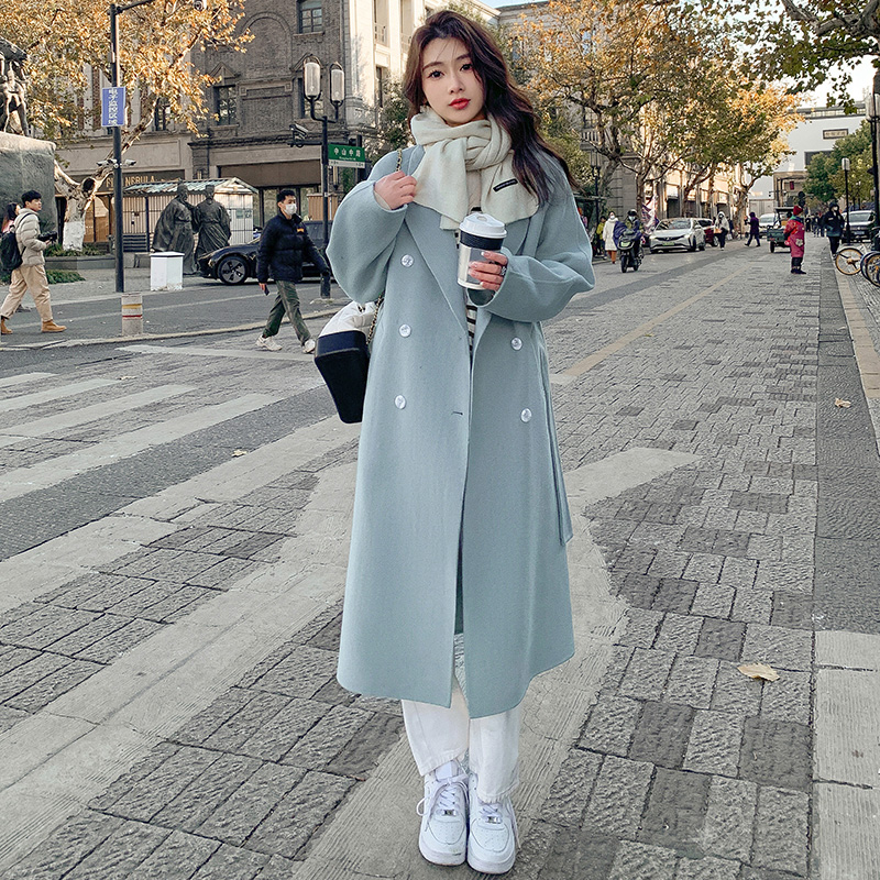 蓝色双面毛呢大衣2025秋冬新款韩版宽松中长款系带爆款呢子外套女