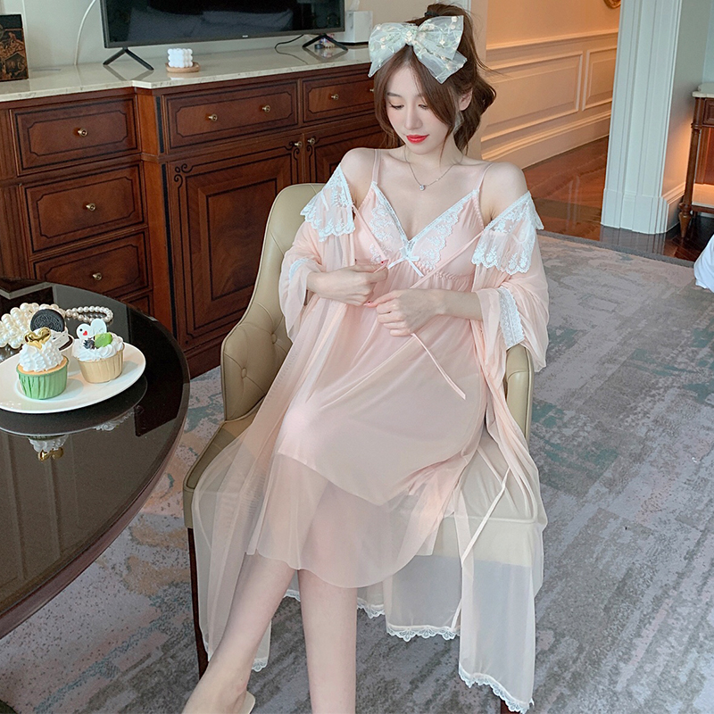 网纱莫代尔长裙睡裙甜美可爱吊带外搭公主风睡衣女套装春秋季薄款