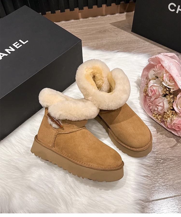 【真皮】牛皮厚底栗色羊角扣雪地靴柔软舒适加绒经典保暖女款加厚