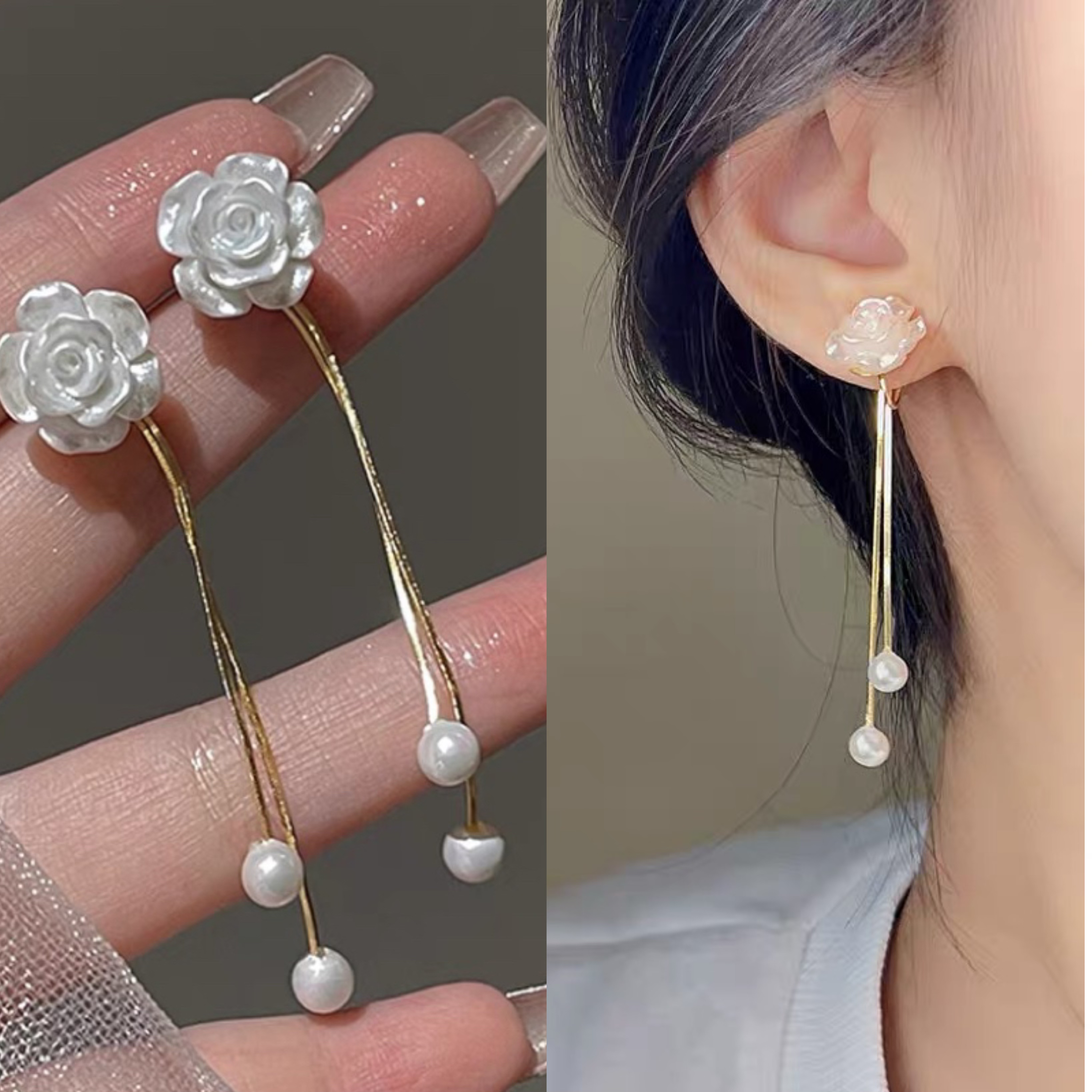 铜合金耳饰 无耳洞「山茶玫瑰」复古甜美耳针长款流苏蚊香盘耳夹