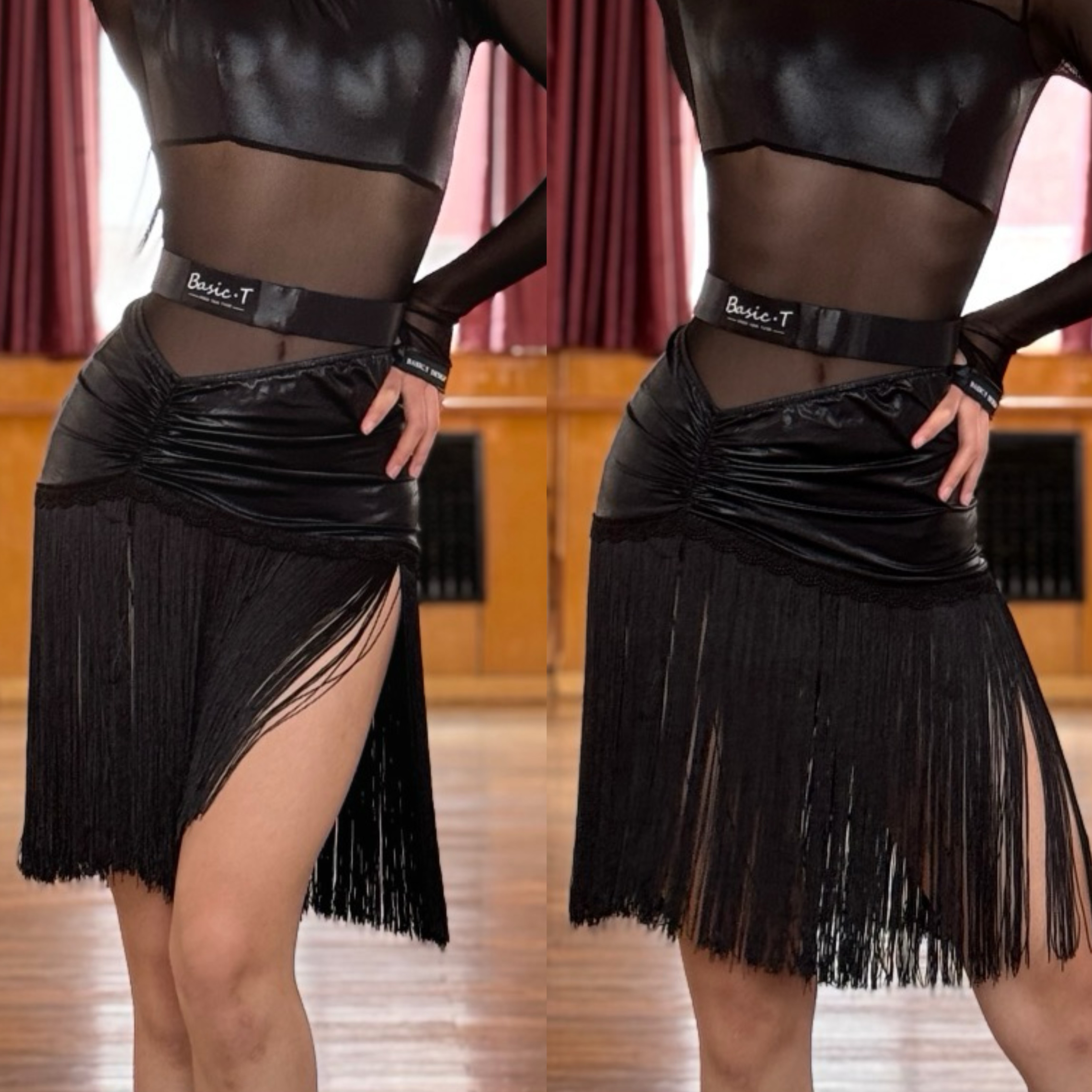 【BASIC.T舞服】T31仿皮高光花边流苏半身裙露腰显瘦拉丁舞