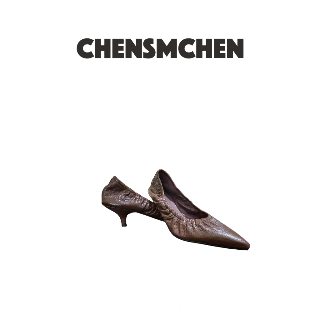CHENSMCHEN 法式气质复古褶皱浅口尖头低跟鞋6702