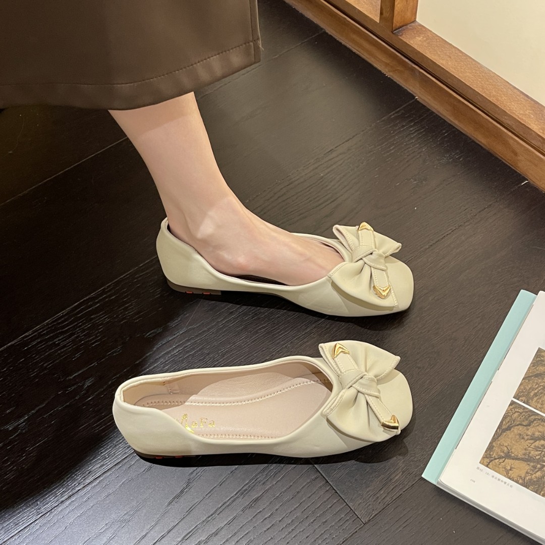 3596网红平底单鞋女夏季浅口蝴蝶结仙女鞋温柔方头豆豆鞋
