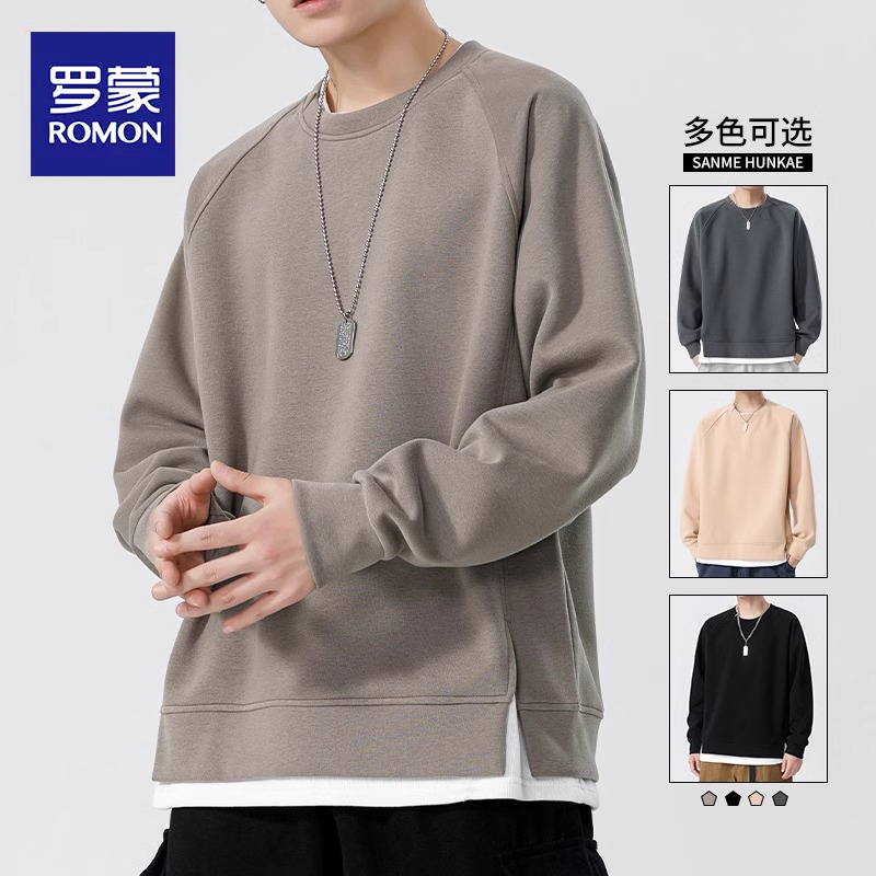 罗蒙秋冬季纯色潮牌卫衣男士圆领套头打底衫宽松休闲百搭长袖恤男