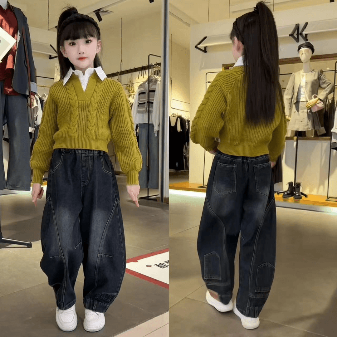 儿童春装套装2025新款大童毛衣网红套装小孩时髦牛仔两件套洋气潮