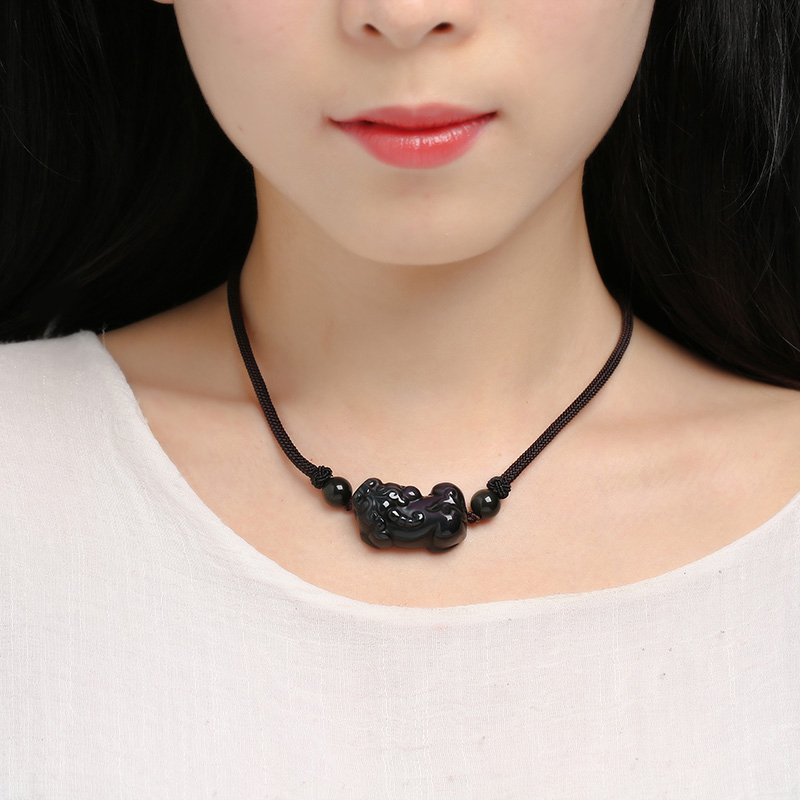天然黑曜石貔貅项链女金曜石彩曜石吊坠锁骨链情侣简约如意编织绳