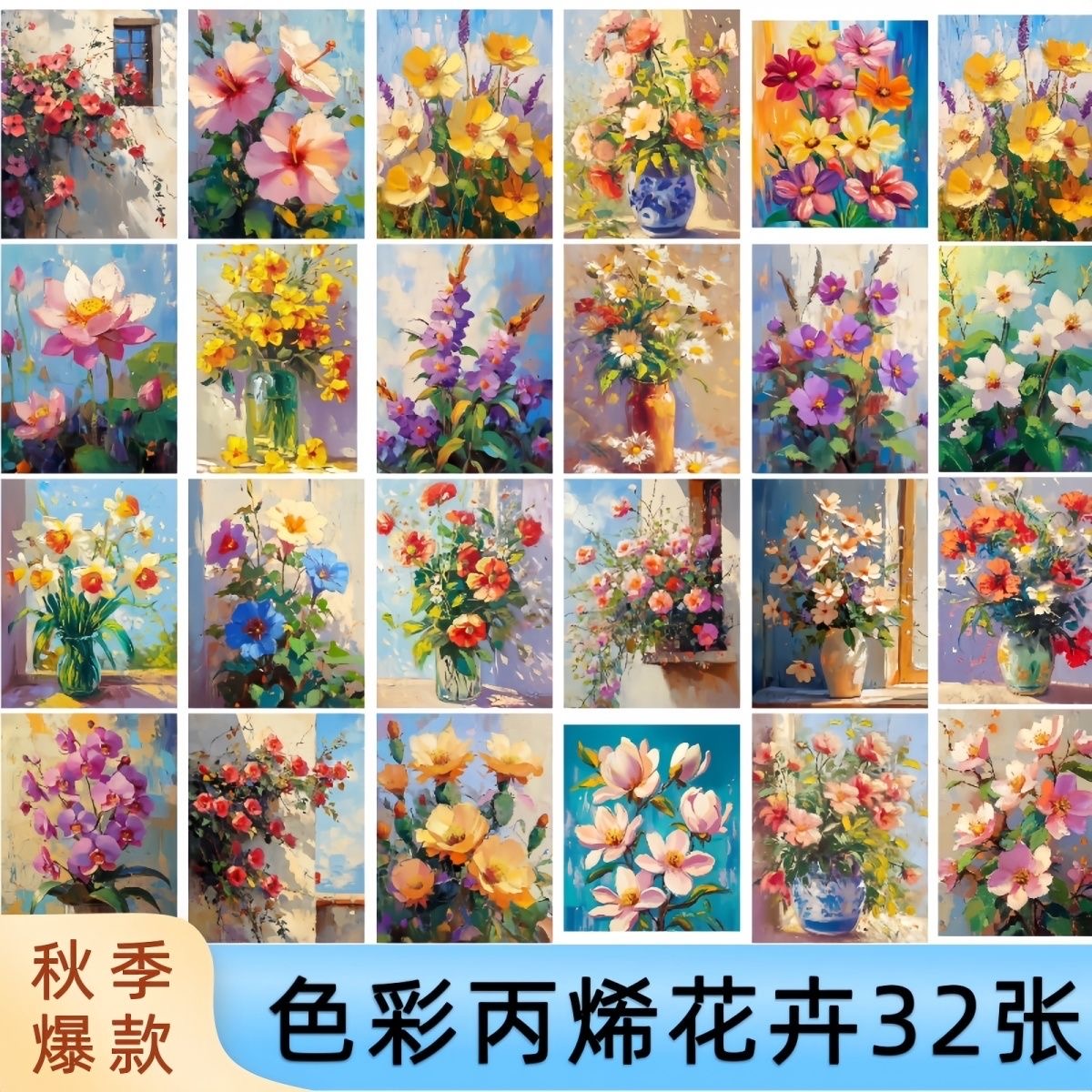 秋季色彩丙烯花卉临摹卡32张画室少儿创意美术画室机构A5高清卡片