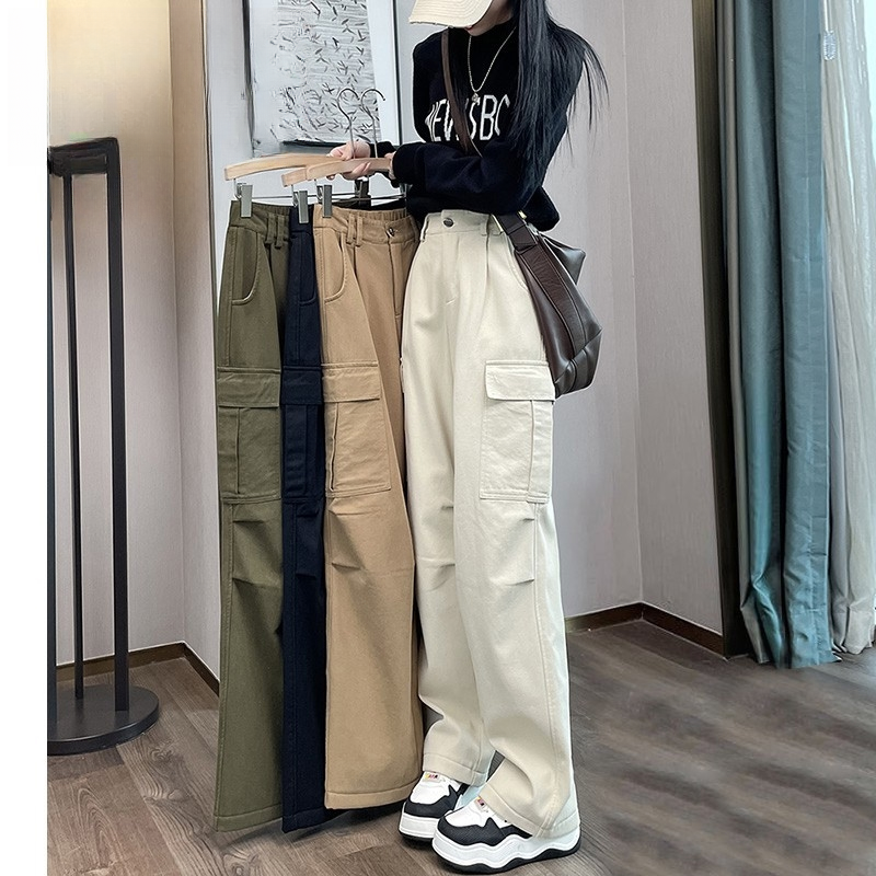 居幻美式直筒工装裤女2024春秋新款高腰冬季加绒小个子阔腿裤