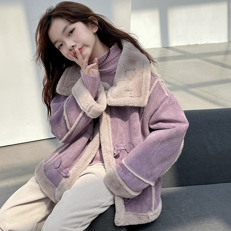 女童秋冬款皮毛一体外套2024新款中大童加绒加厚冬装儿童洋气上衣