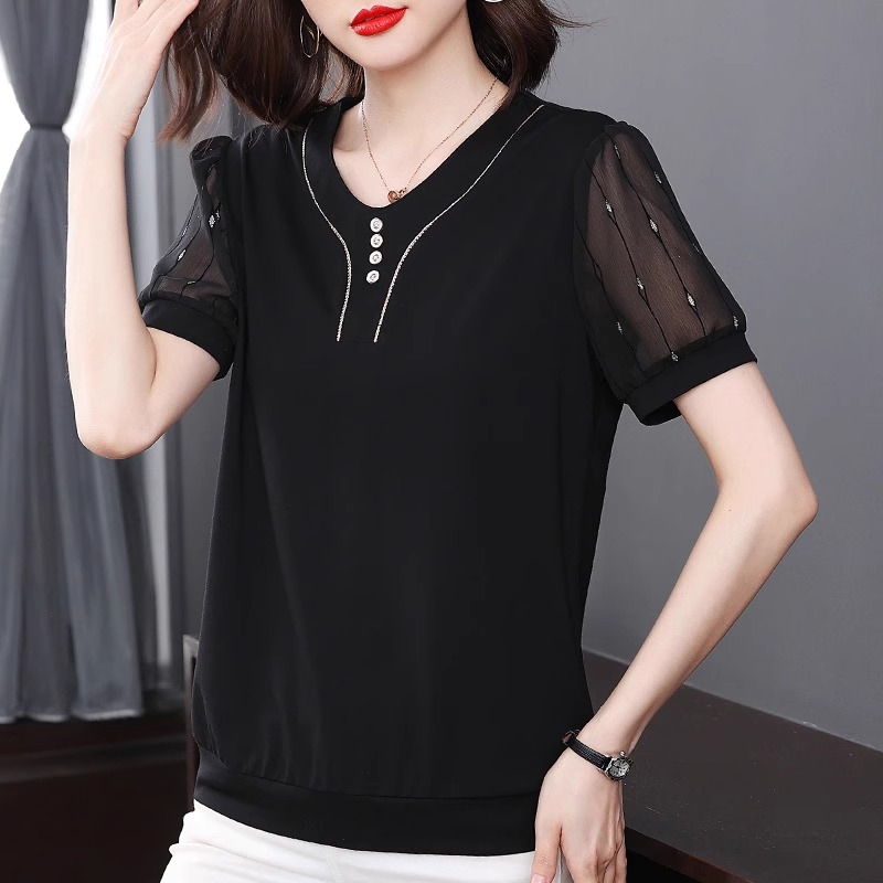 中年妈妈款宽松洋气上衣2025夏季新款冰感夏天雪纺小衫短袖t恤女