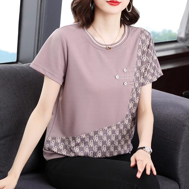夏季短袖t恤女士2025新款宽松显瘦上衣减龄遮肉精梳棉中年妈妈装