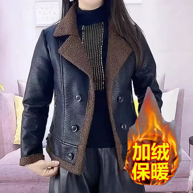 加绒加厚皮衣女2025秋冬新款韩版PU皮毛一体短款仿羊羔毛皮衣外套