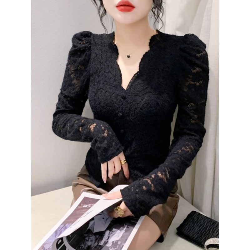 Z蕾丝打底时尚V领国标舞法式蕾丝秋内搭百搭泡泡酷飒风女装高级感