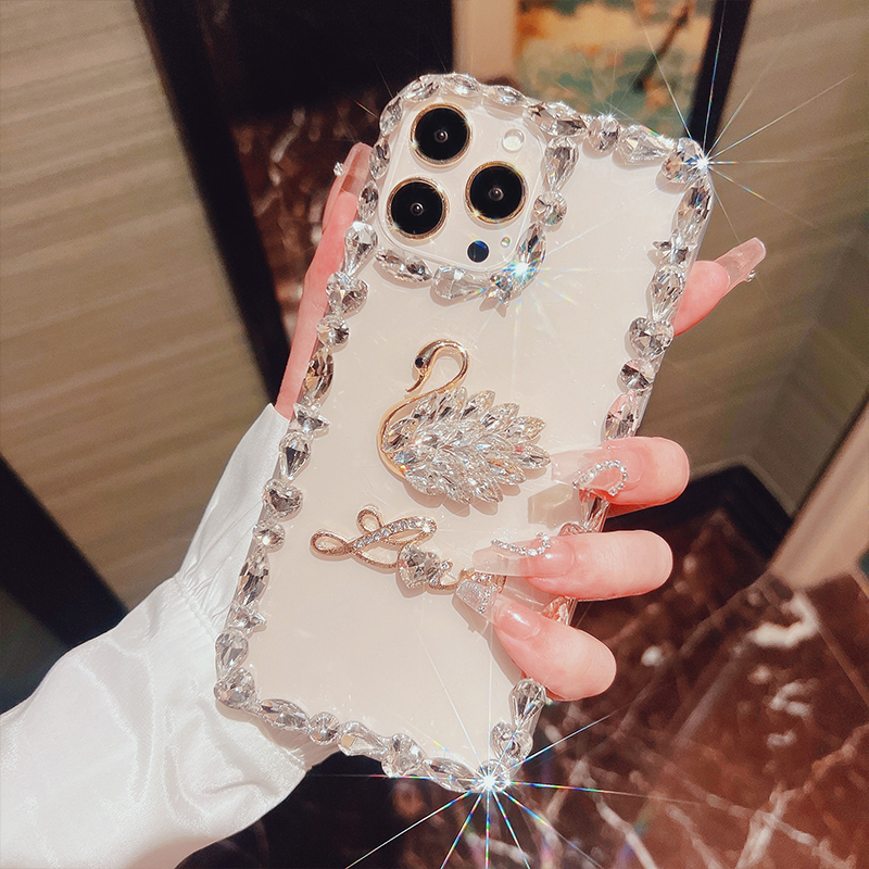 适用苹果13promax手机壳14plus带钻石iPhone12女奢华水晶宝石天鹅
