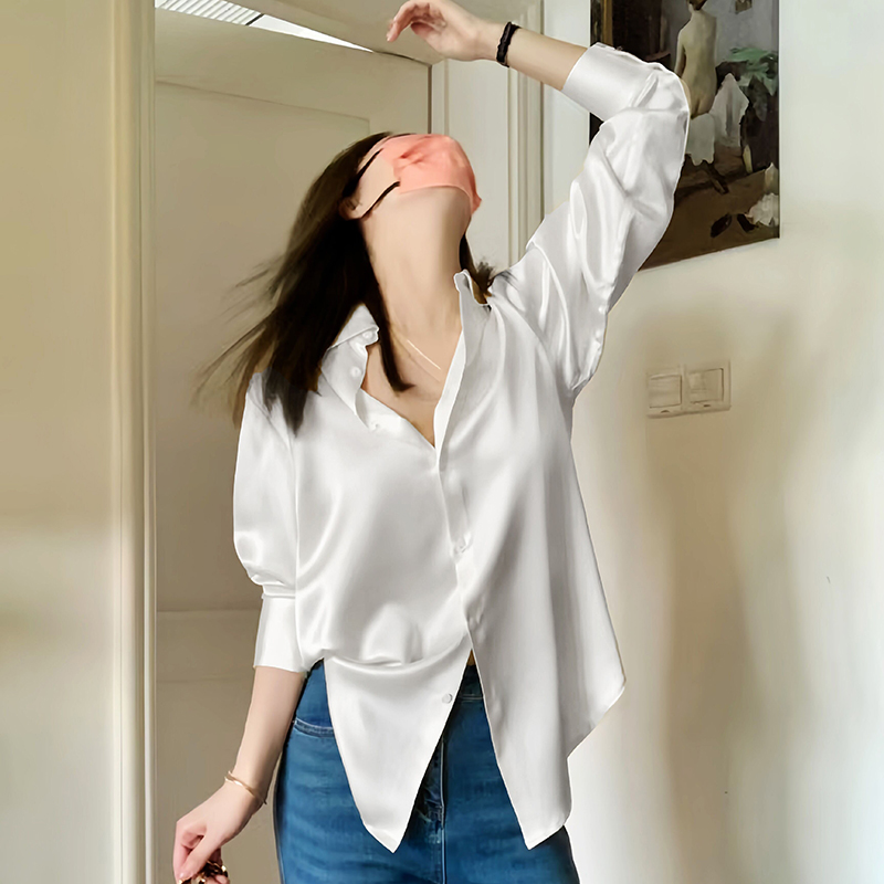 ins垂感白衬衫宽松设计感轻奢小众高级感气质长袖缎面衬衣女外穿