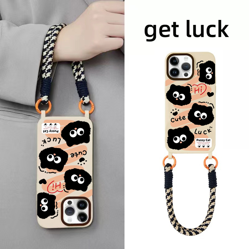 BANCA黑煤球猫咪适用苹果16手机壳iPhone15新款14/13麻花挂绳12软