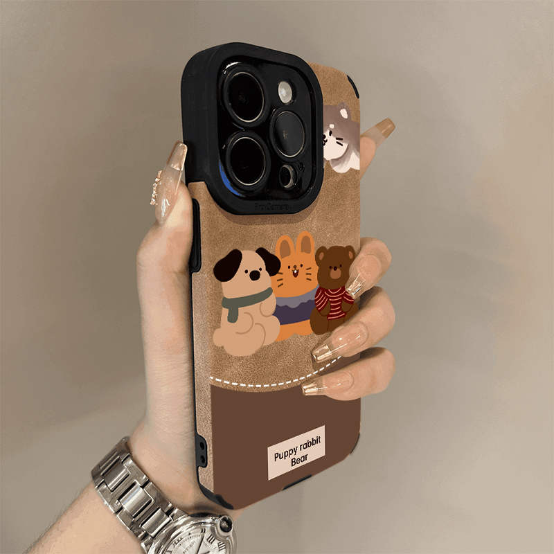 BANCA复古秋冬三只熊适用苹果16pro手机壳iPhone15翻毛皮14高级13