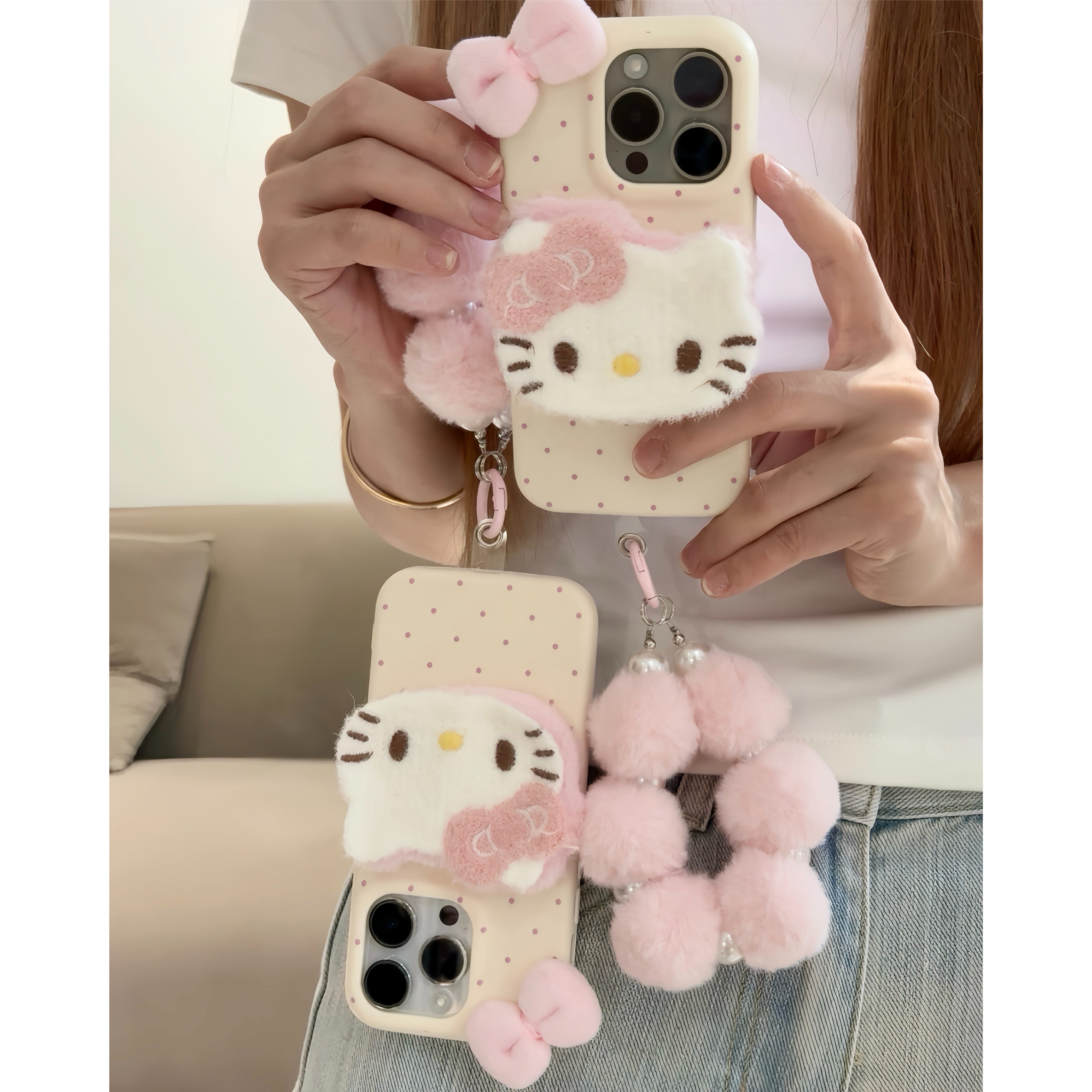 BANCA毛绒kitty猫适用苹果17/16手机壳iPhone15promax挂绳14/13套